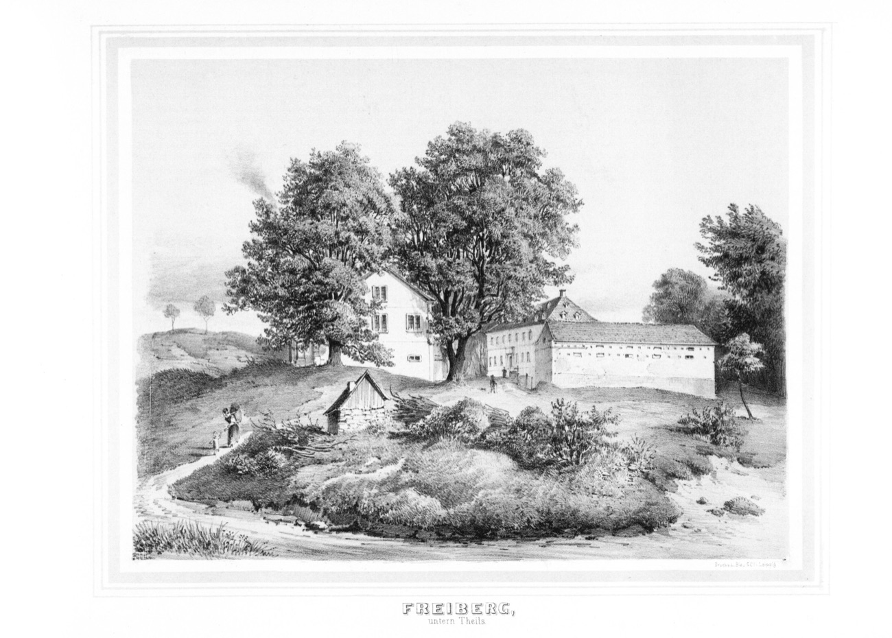 Lithografie des Ritterguts Freiberg unteren Teils, um 1856